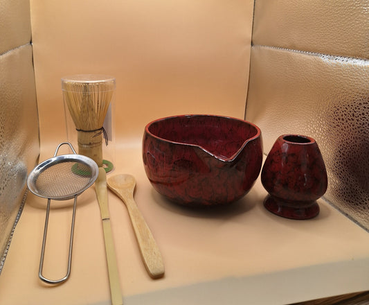 "Akahana" Set de Matcha 6 Pièces en Céramique Rouge Veiné Noir
