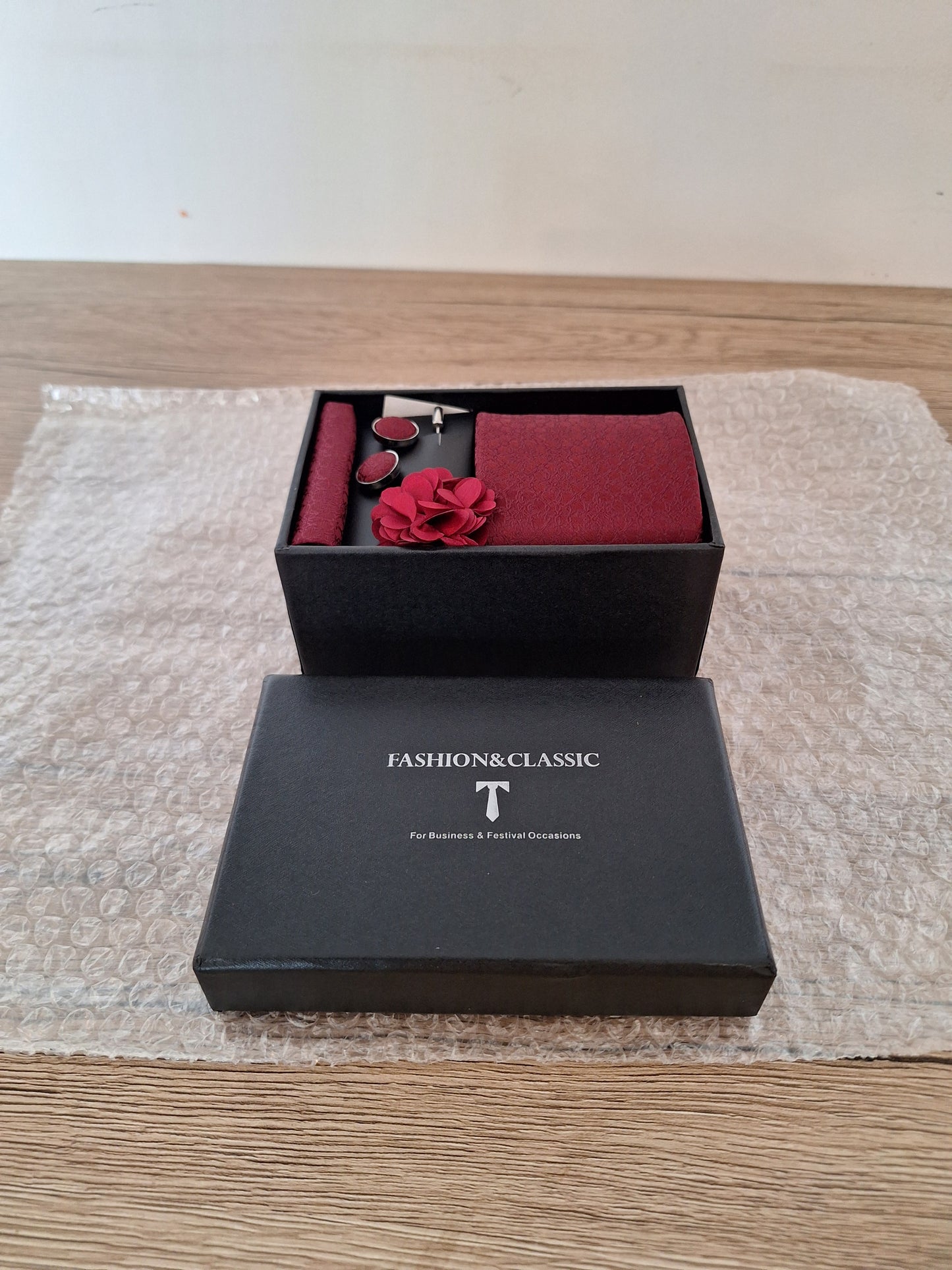 Men's Tie Set - Red Tie + Pink Brooch + Matching Handkerchief