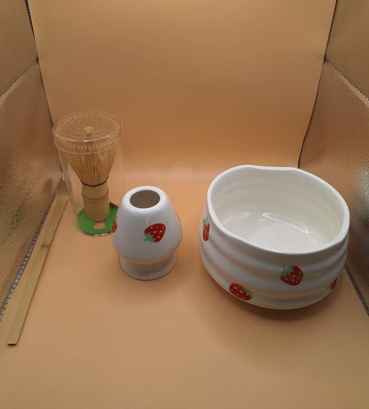 🍓 Set de Matcha 4 pièces en céramique – “Ichigo” いちご | Douceur aux Fraises