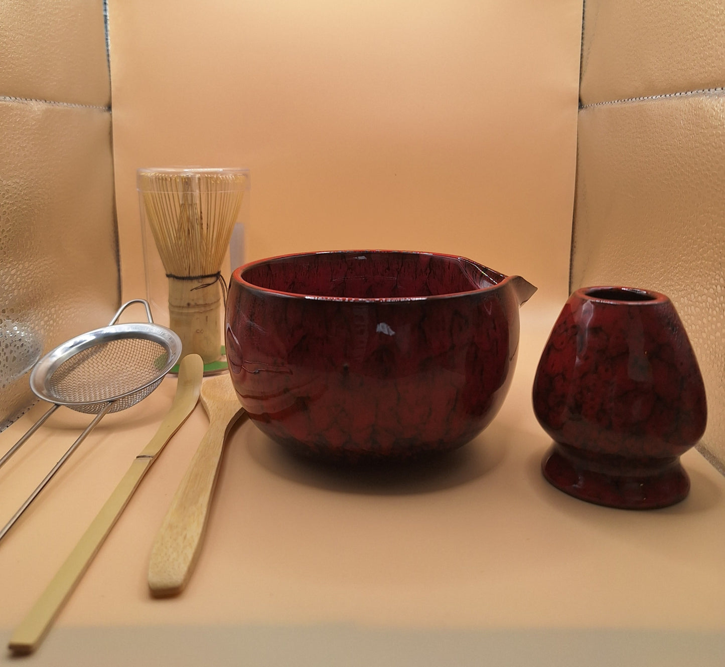 "Akahana" 6-Piece Matcha Set in Red Ceramic with Black Veins