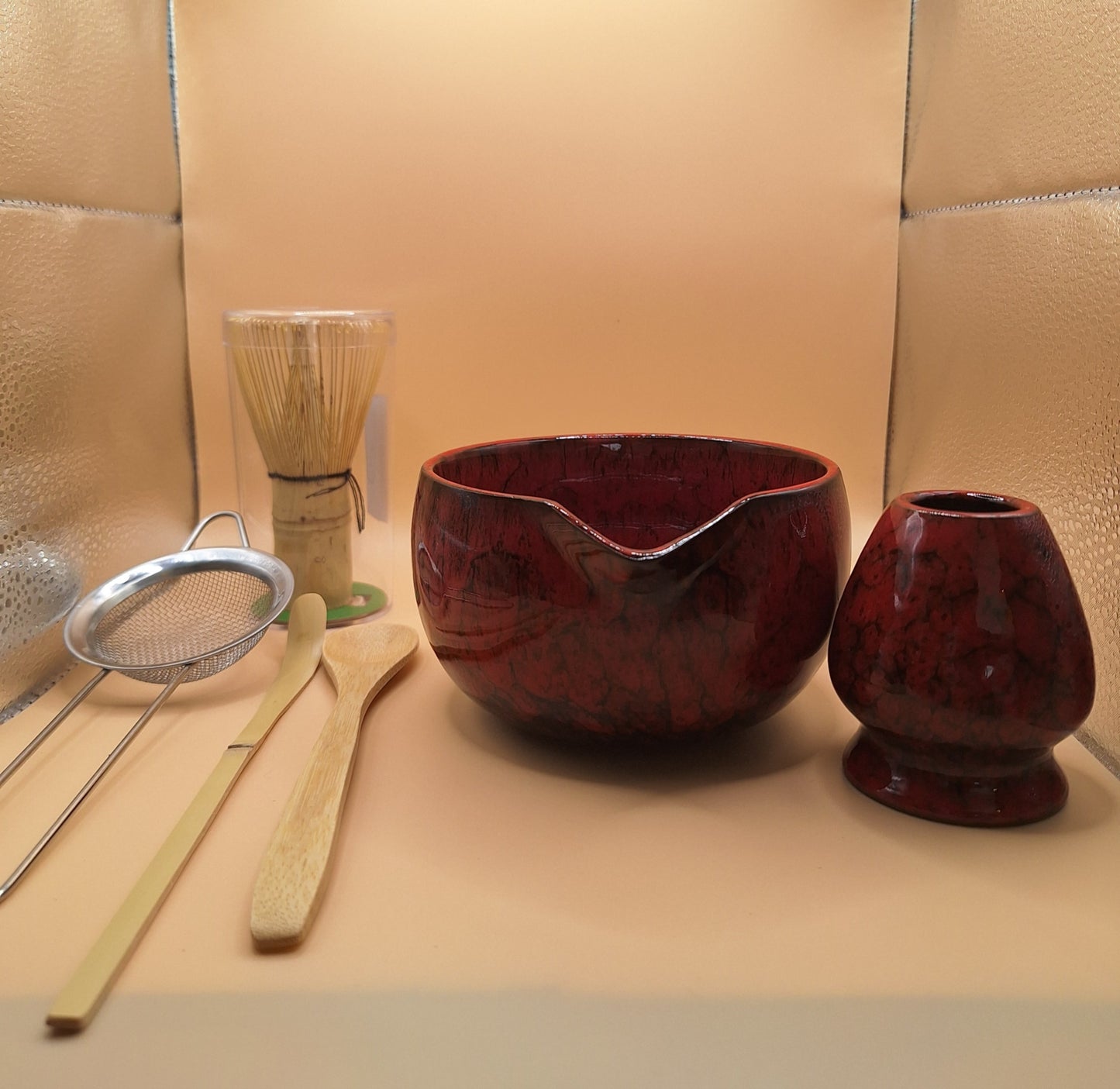 "Akahana" 6-Piece Matcha Set in Red Ceramic with Black Veins