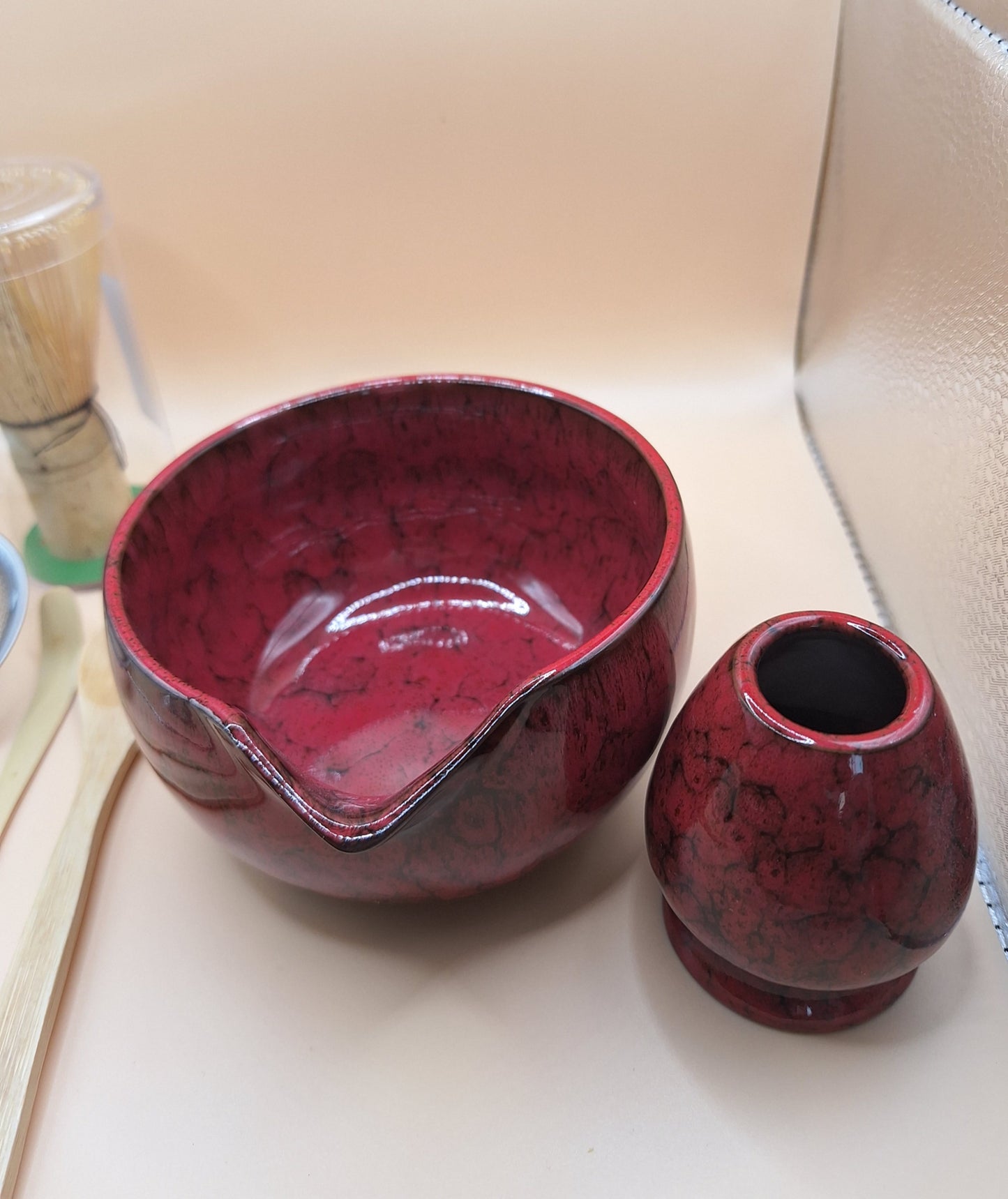 "Akahana" 6-Piece Matcha Set in Red Ceramic with Black Veins
