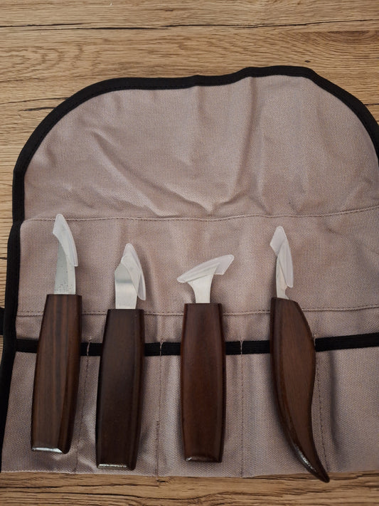 Set of 4 Chrome Vanadium Steel Wood Carving Knives + Bag