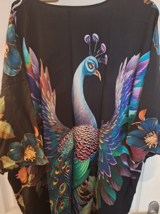 Peacock Print Kimono - Plus Size 🌸 | Black Bohemian Cardigan for Beach or Vacation
