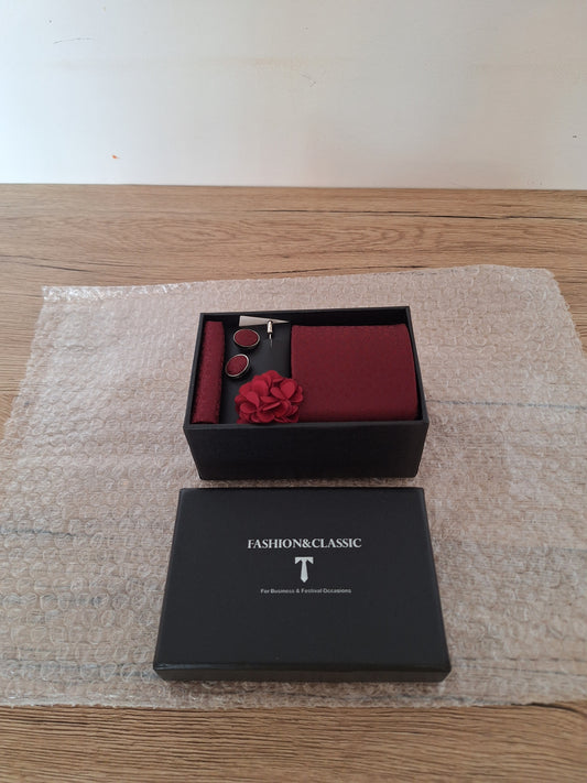 Men's Tie Set - Red Tie + Pink Brooch + Matching Handkerchief