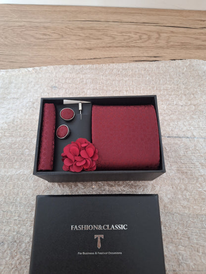 Men's Tie Set - Red Tie + Pink Brooch + Matching Handkerchief