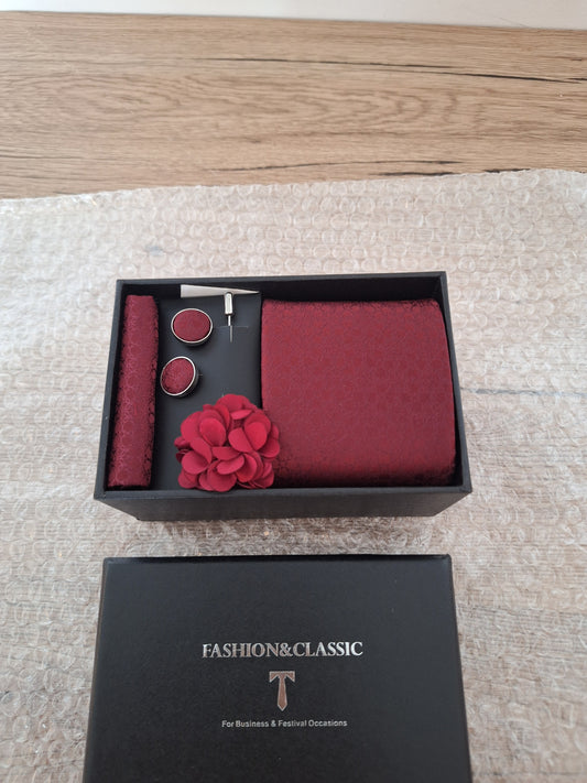 Men's Tie Set - Red Tie + Pink Brooch + Matching Handkerchief