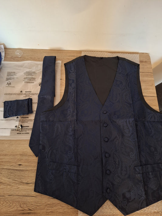 Vest + Tie + Handkerchief + Cufflinks Set – Deep Blue, size L