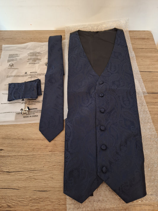 Vest + Tie + Handkerchief + Cufflinks Set – Deep Blue, size L