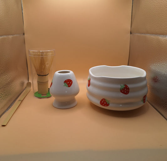 🍓 Set de Matcha 4 pièces en céramique – “Ichigo” いちご | Douceur aux Fraises