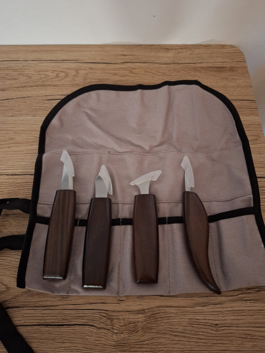 Set of 4 Chrome Vanadium Steel Wood Carving Knives + Bag