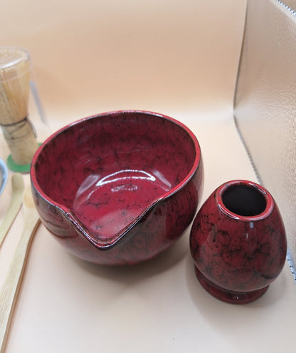 "Akahana" 6-Piece Matcha Set in Red Ceramic with Black Veins