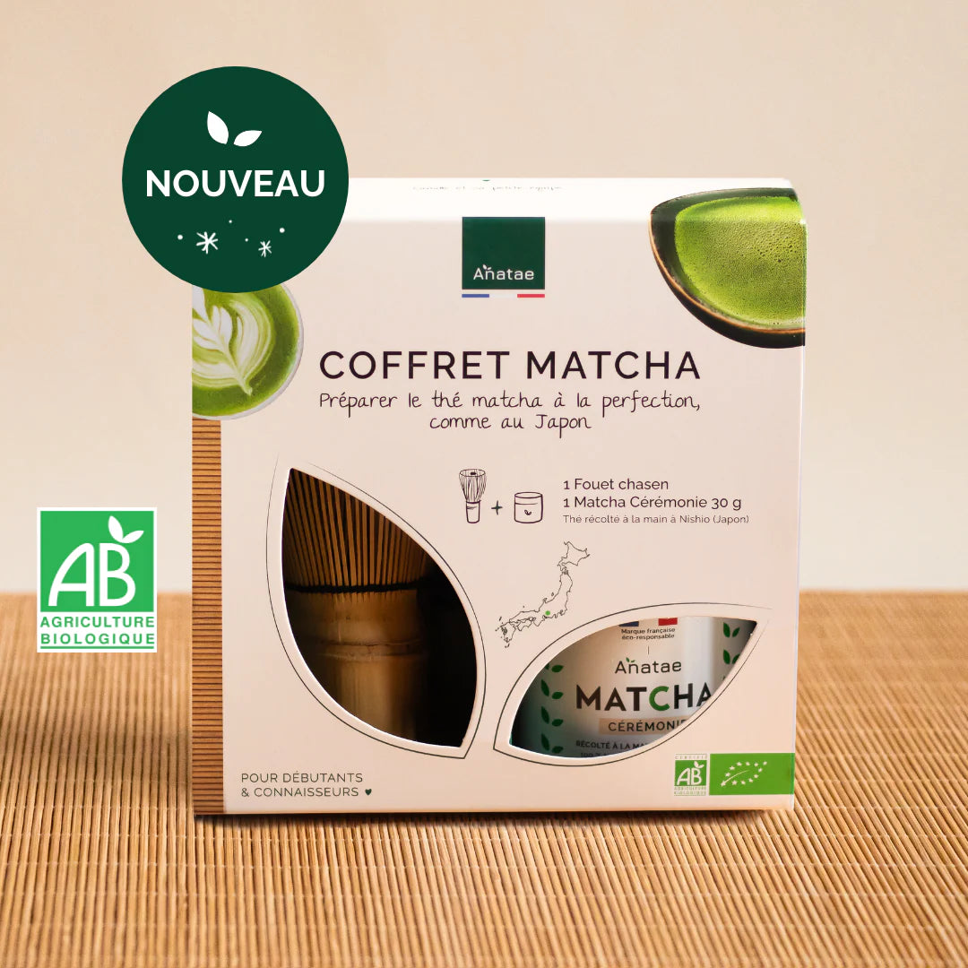 🌱🎁 Coffret cadeau Matcha Cérémonie Bio + Fouet Bambou Chasen 120 brins – Anataé 🎁🌱