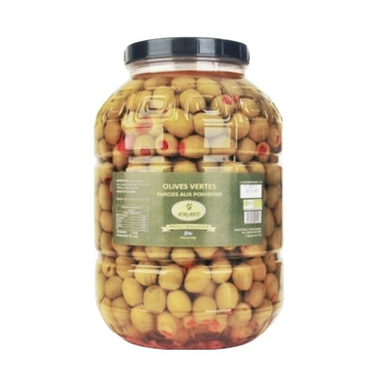 Olives vertes BIO farcies aux poivrons – Seau professionnel 3 kg net égoutté 🍃